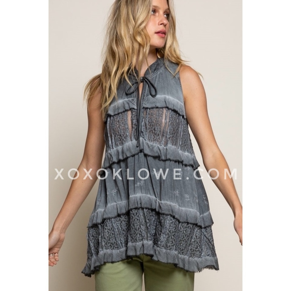 POL Charcoal Hand Dyed Ruffle + Lace Sleeveless Tunic Blouse